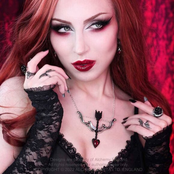 Alchemy Gothic Desire Moi Necklace Cupid's Bow & Arrow Red Crystal NWT - Picture 4 of 4